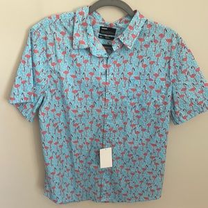 Button down t-shirt. Tropical flamingo pattern.